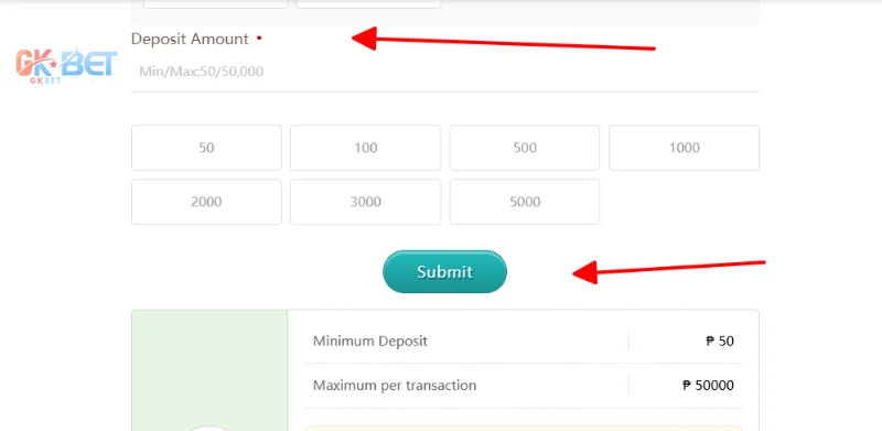 Enter amount of money want deposit and submit